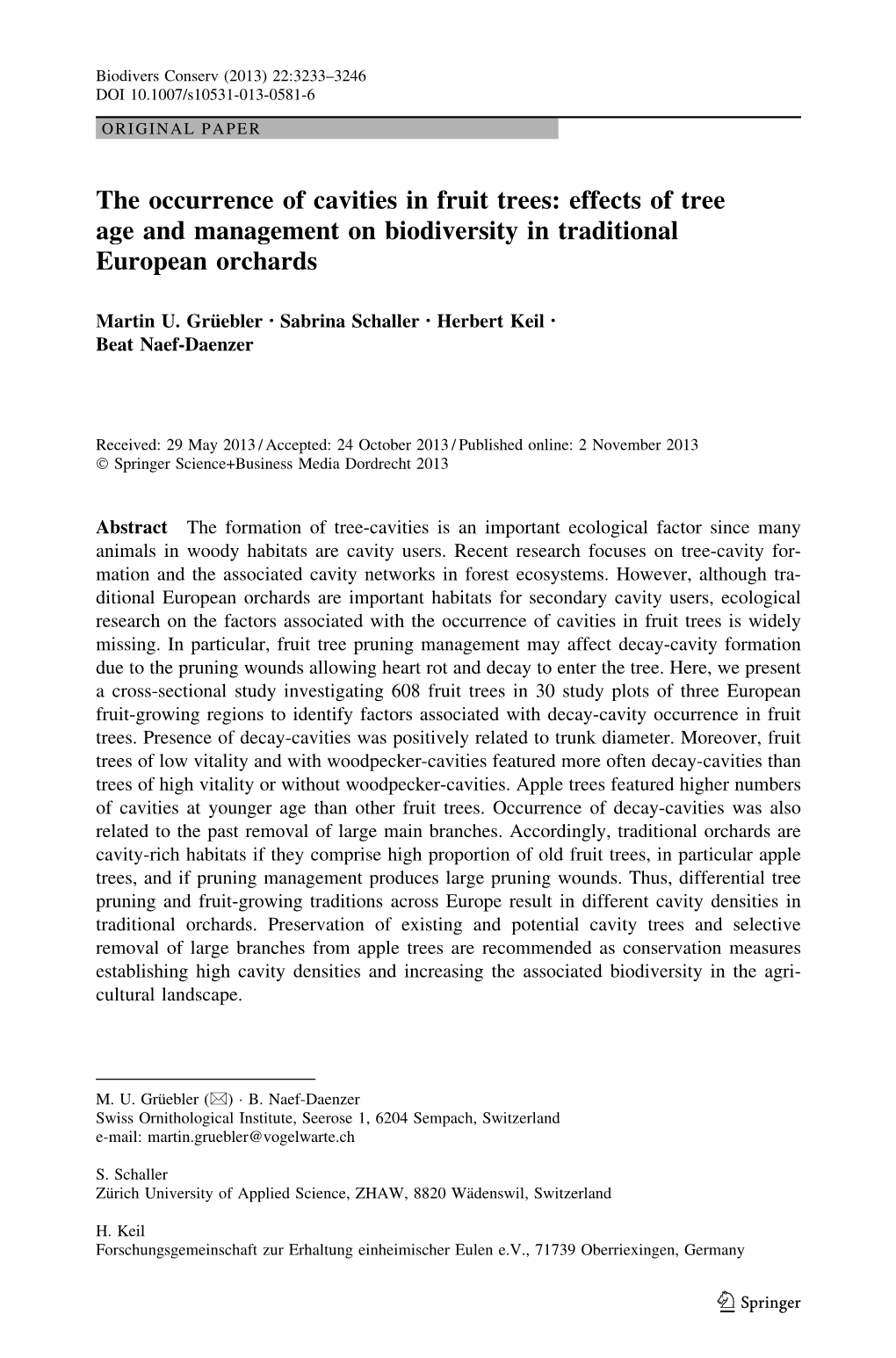 The Occurrence of Cavities in Fruit Trees: Effects of Tree Age and Management on Biodiversity in Traditional European Orchards