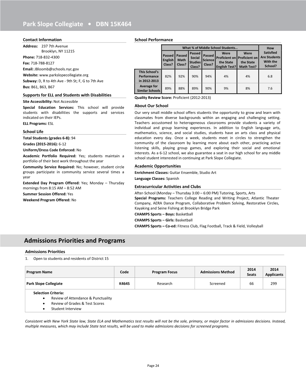 Park Slope Collegiate • DBN 15K464 Admissions Priorities and Programs