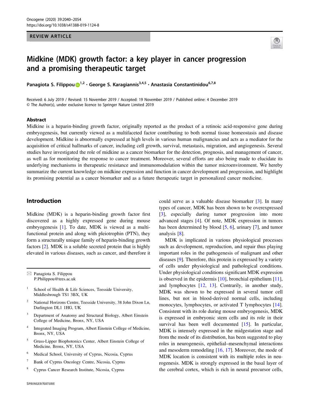 Midkine (MDK) Growth Factor: a Key Player in Cancer Progression and a Promising Therapeutic Target