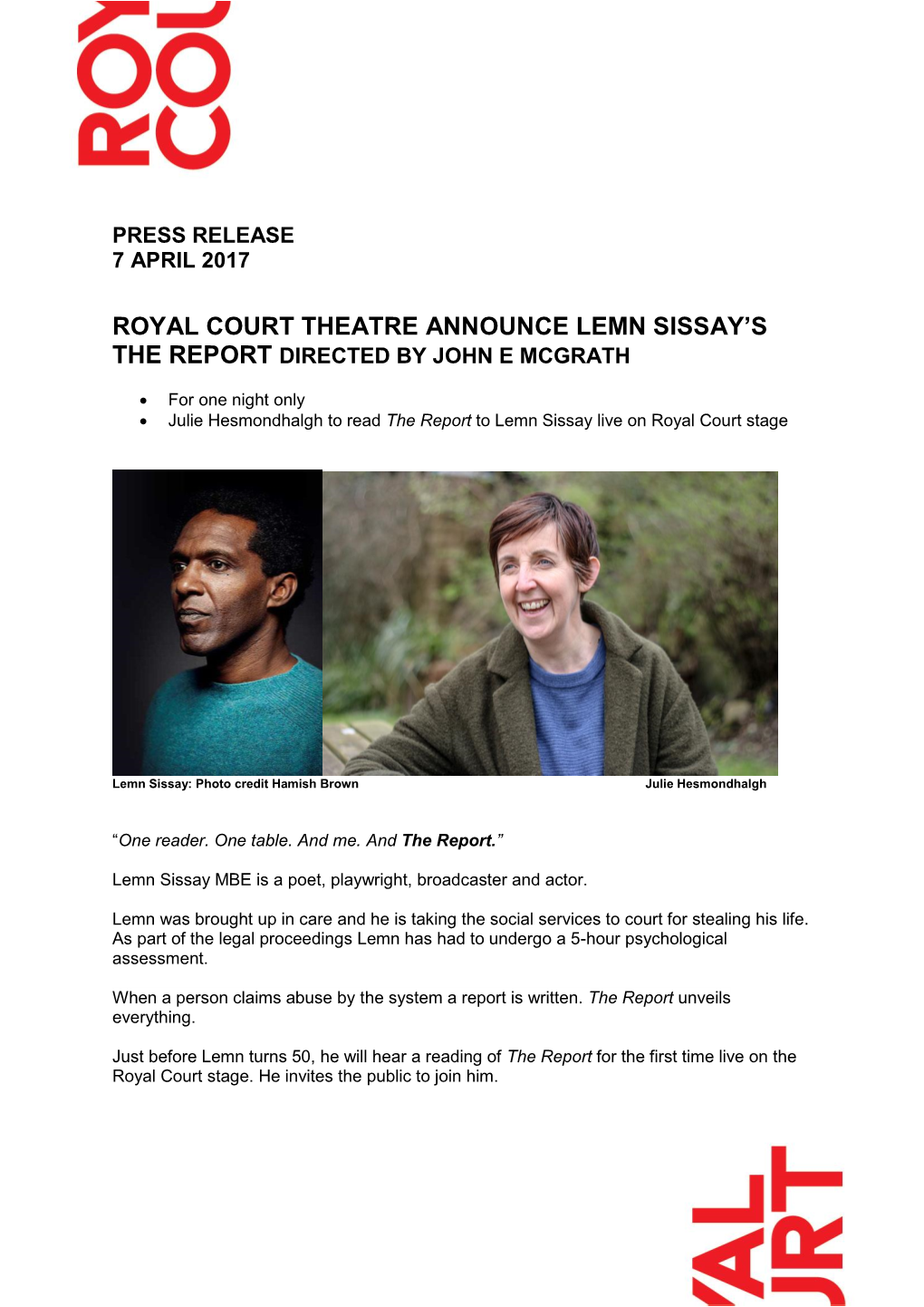 Royal Court Theatre Announce Lemn Sissay's