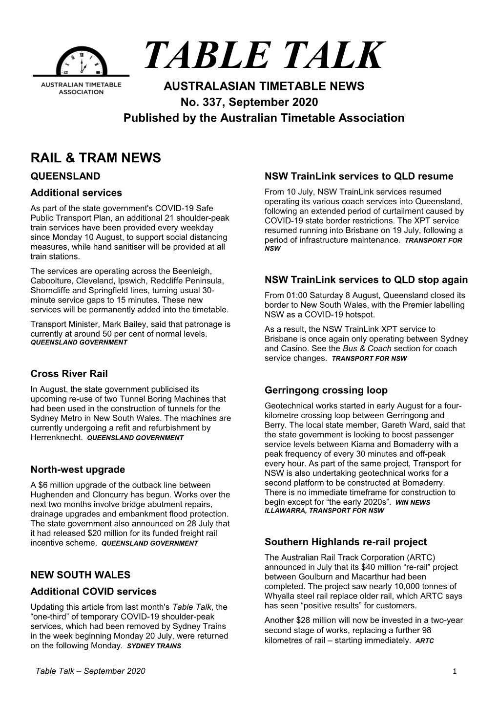 September 2020 Published by the Australian Timetable Association