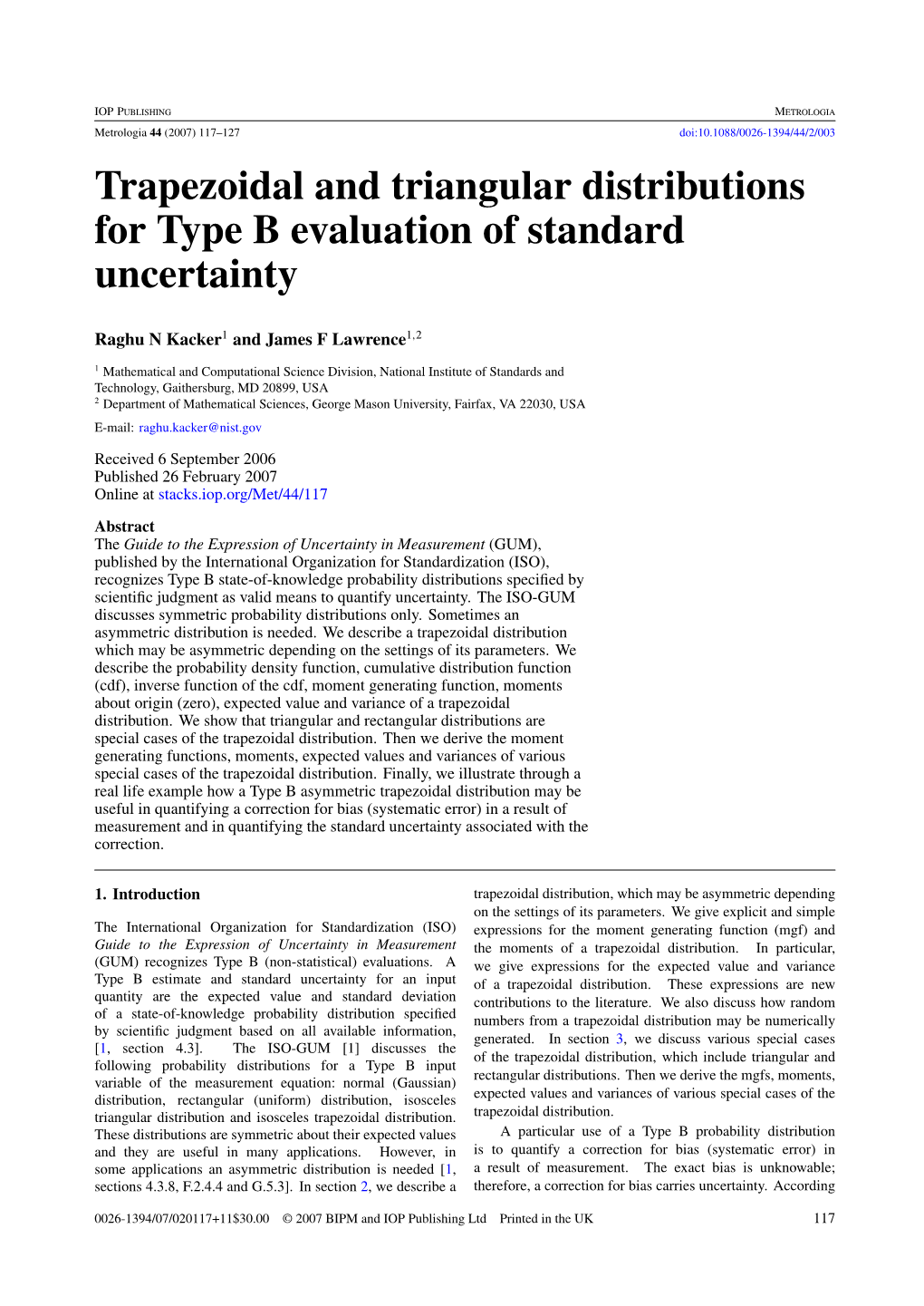 Trapezoidal and Triangular Distributions for Type B Evaluation of Standard Uncertainty