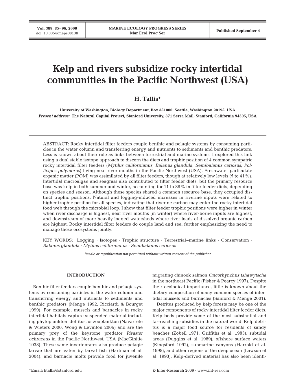 Kelp and Rivers Subsidize Rocky Intertidal Communities in the Pacific Northwest (USA)