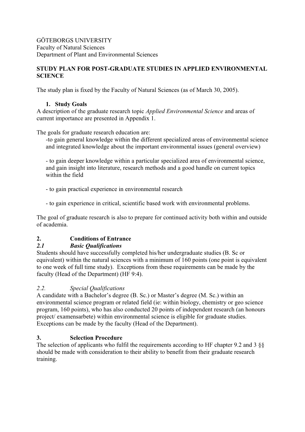 Study Plan for Post-Graduate Studies in Applied Environmental Science