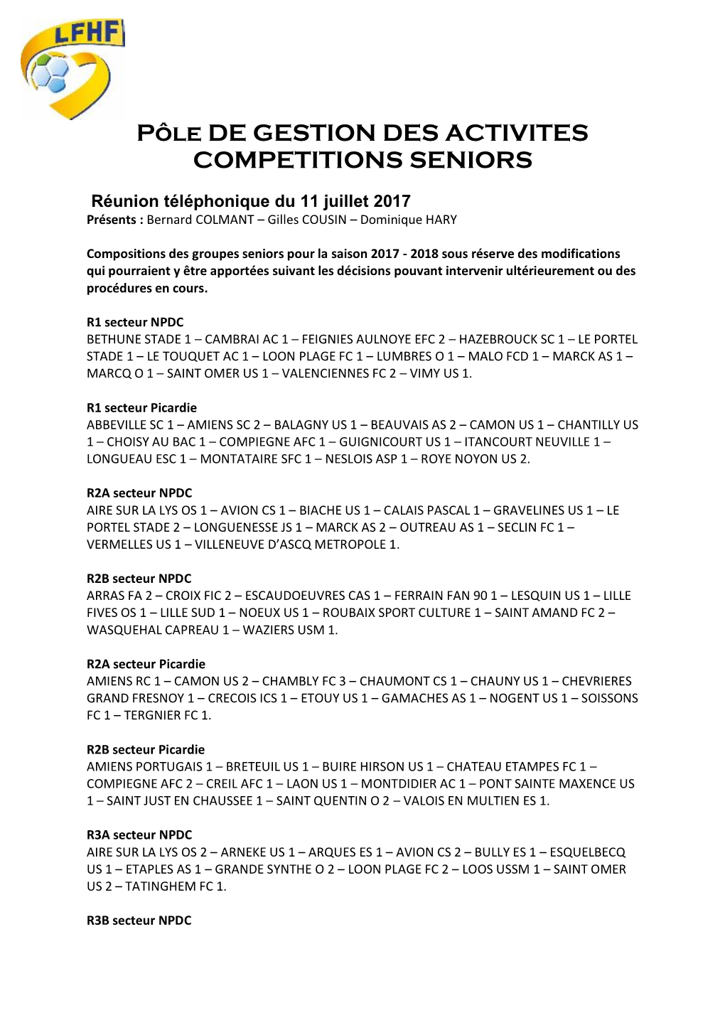 Pôle DE GESTION DES ACTIVITES COMPETITIONS SENIORS