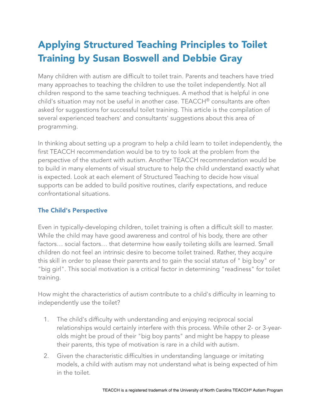 Applying Structured Teaching Principles to Toilet Training by Susan Boswell and Debbie Gray