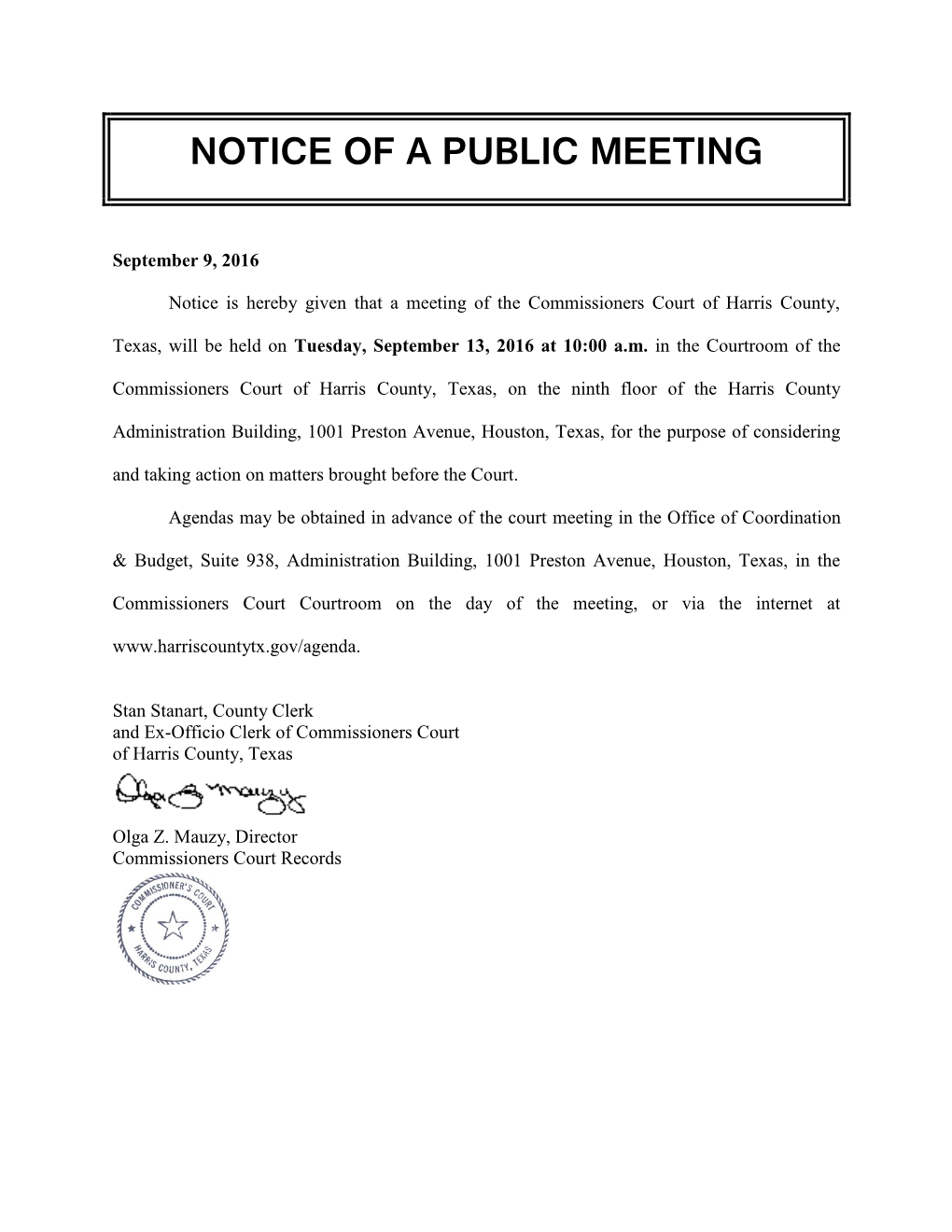 Notice of a Public Meeting