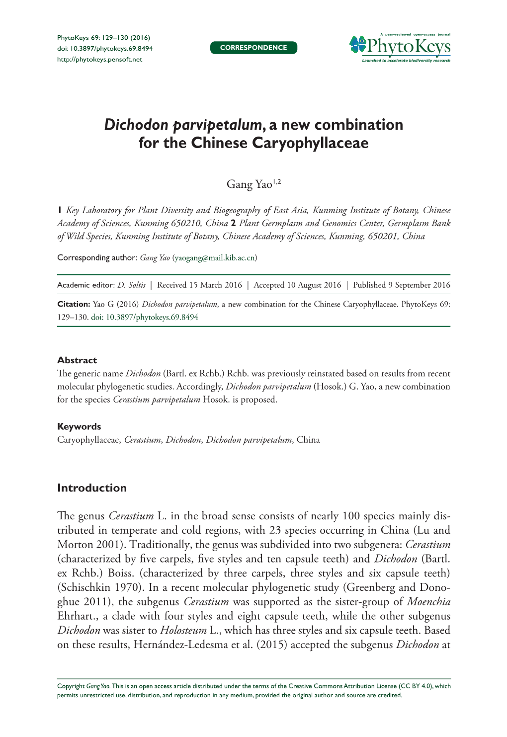 Dichodon Parvipetalum, a New Combination for the Chinese Caryophyllaceae