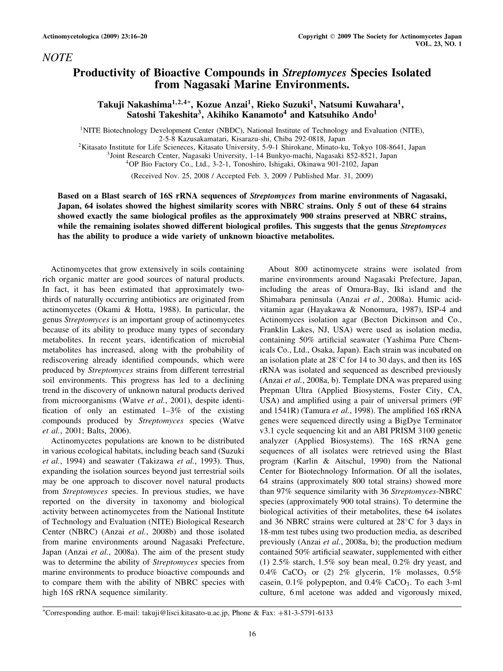 Productivity of Bioactive Compounds in Streptomyces Species Isolated from Nagasaki Marine Environments