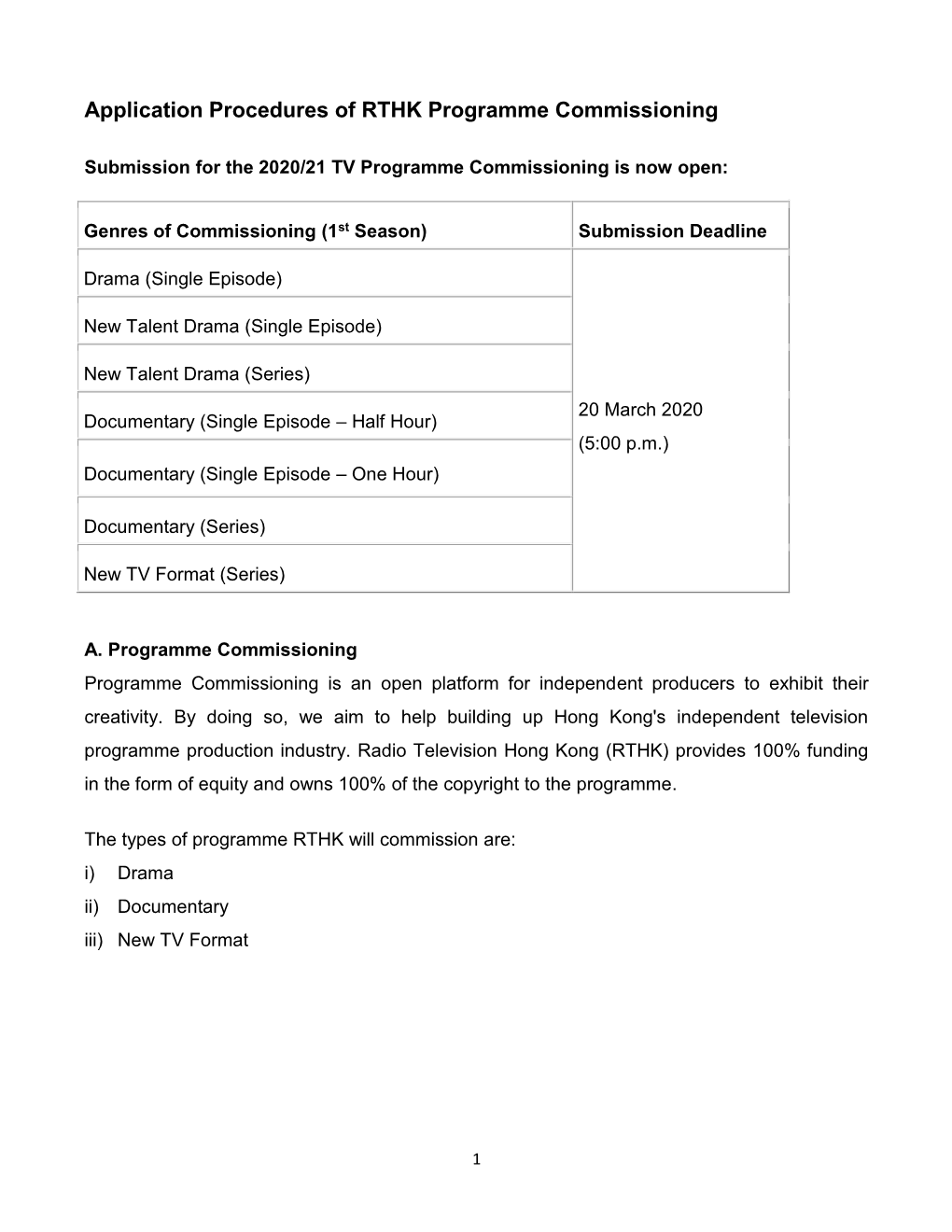 Application Procedures of RTHK Programme Commissioning