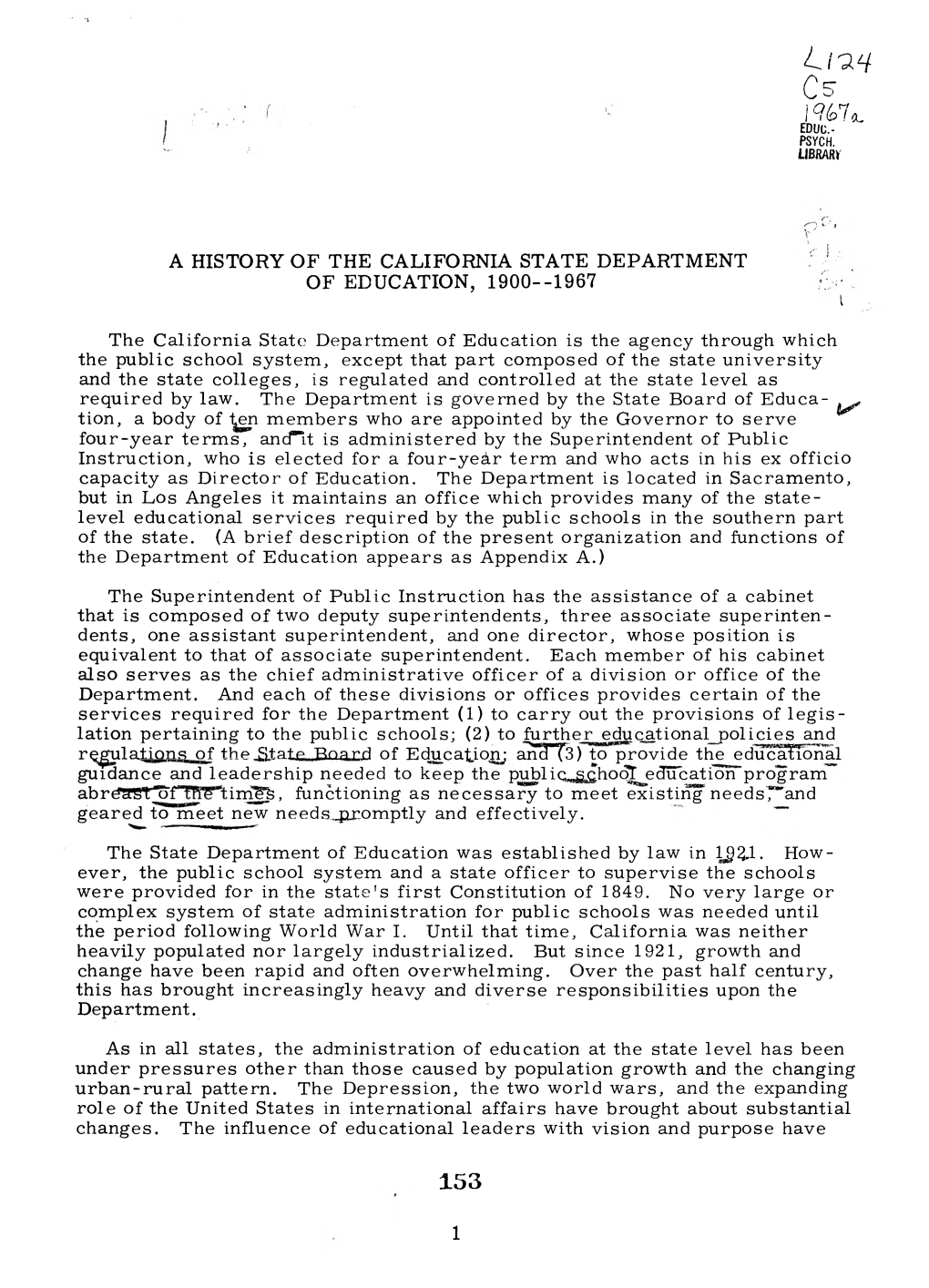 A History of the California State Department of Education, 1900-1967