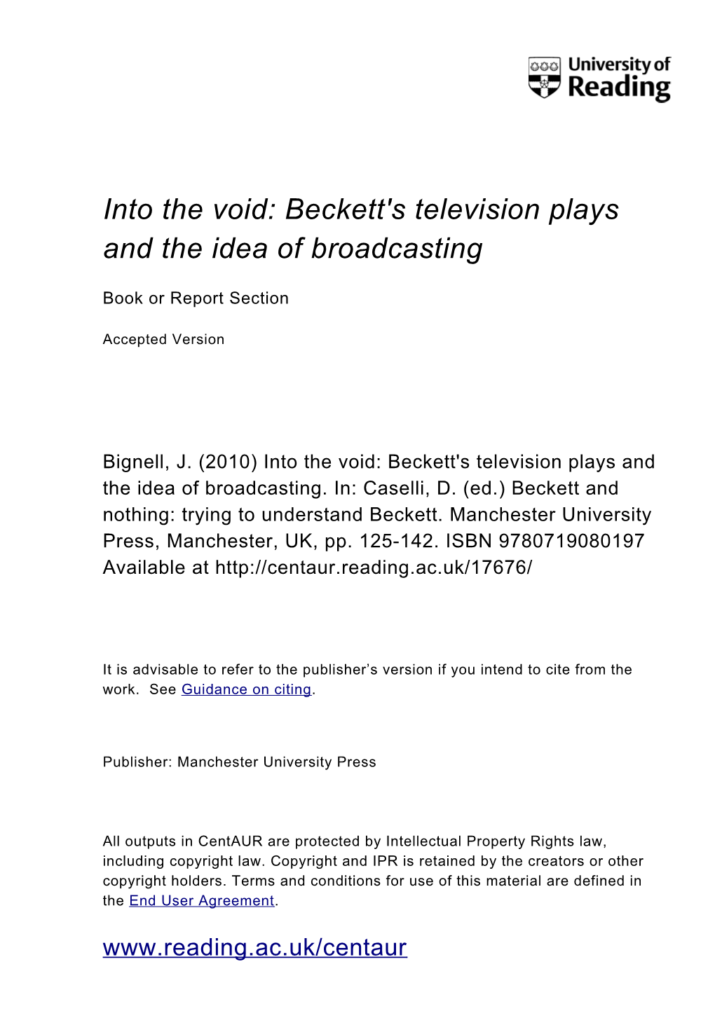 Into the Void: Beckett's Television Plays and the Idea of Broadcasting