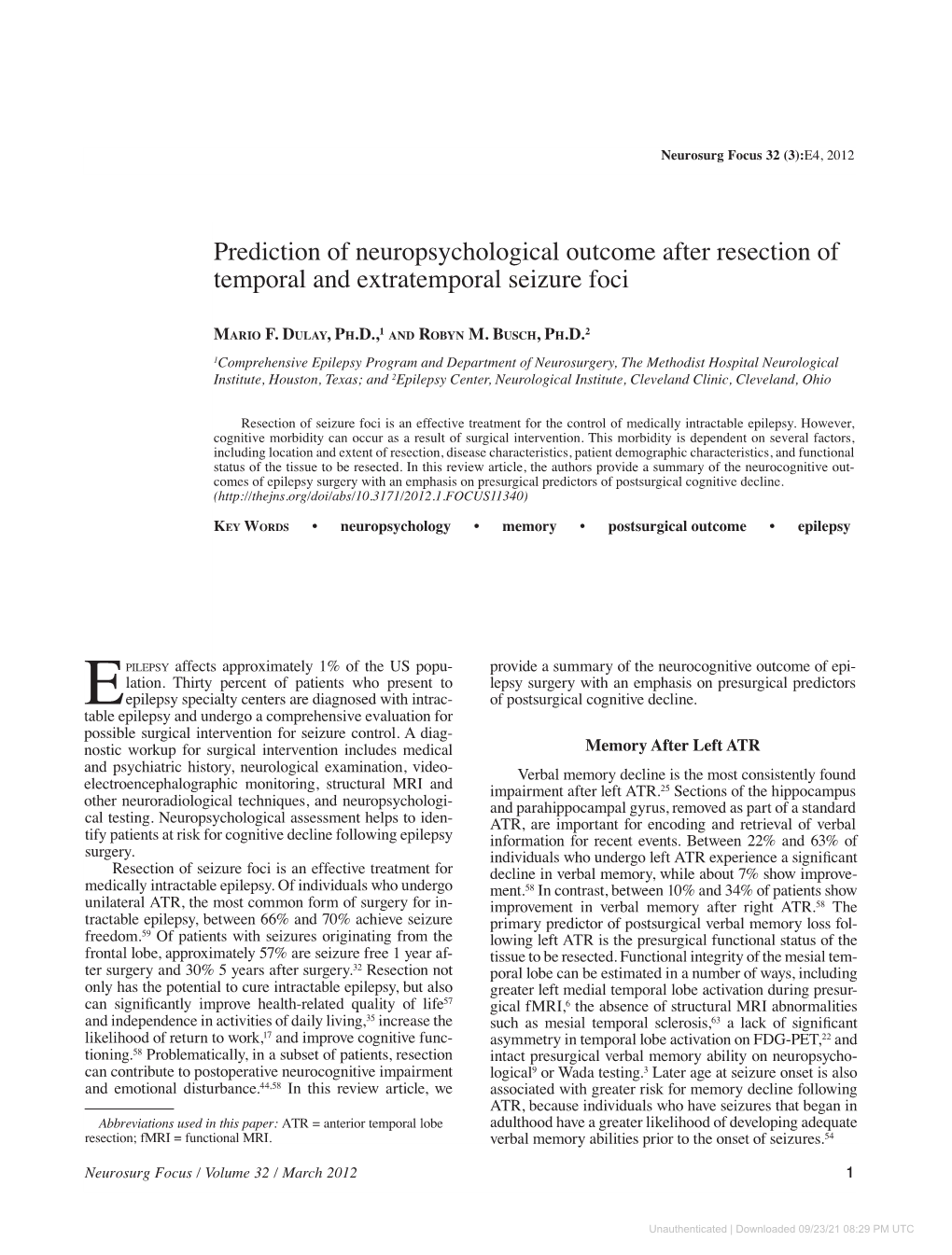 Prediction of Neuropsychological Outcome After Resection of Temporal and Extratemporal Seizure Foci