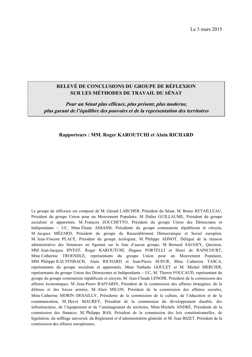 Relevé De Conclusions Du Groupe De Réflexion Sur Les Méthodes De Travail Du Sénat