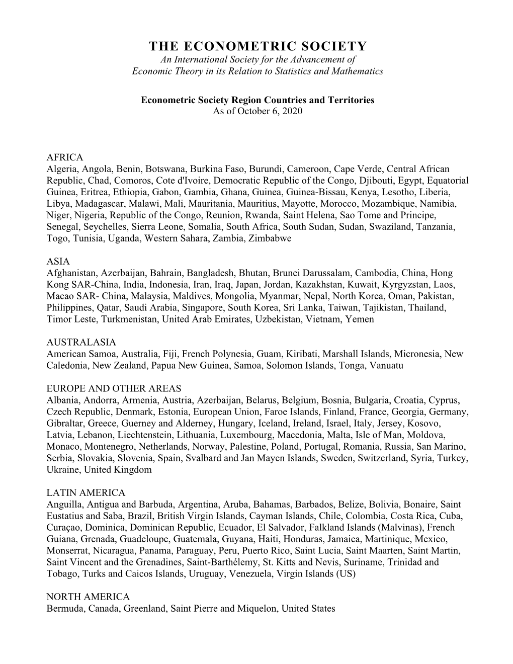 Econometric Society Countries by Region