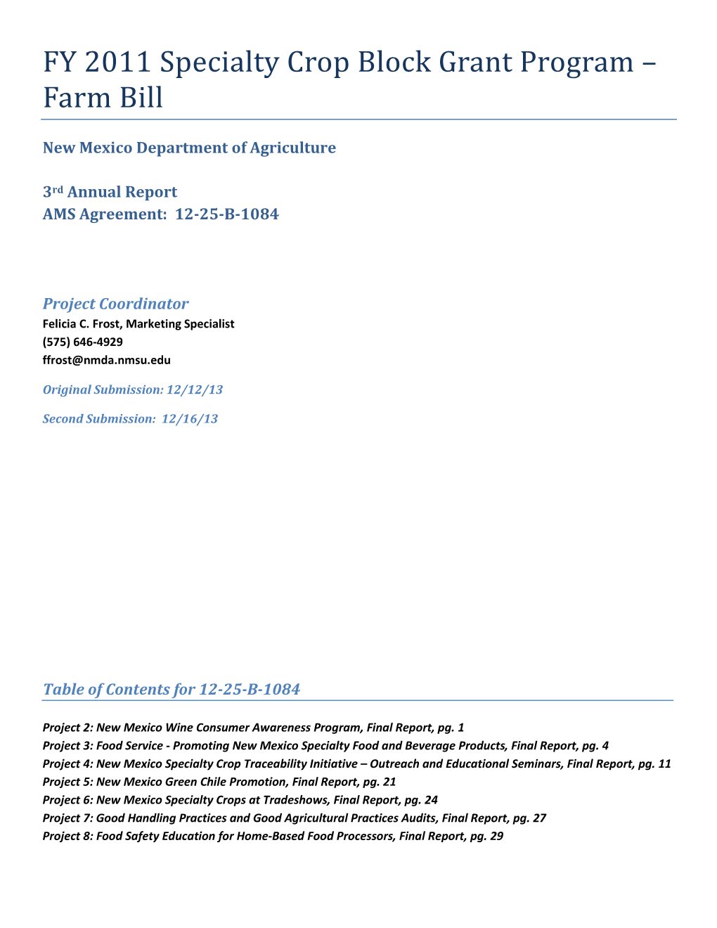 FY 2011 Specialty Crop Block Grant Program – Farm Bill