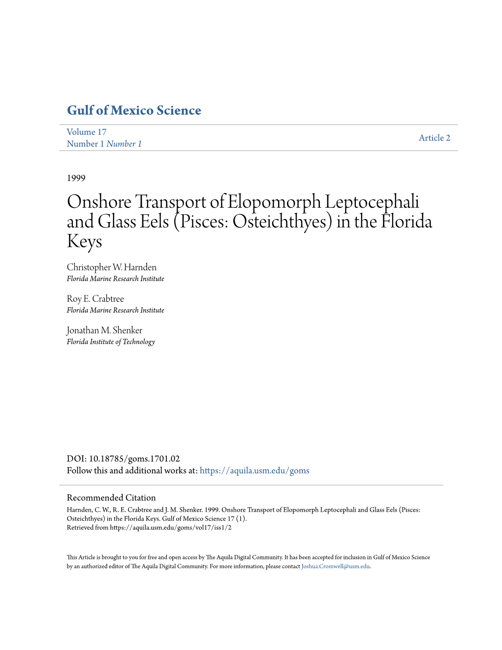 Onshore Transport of Elopomorph Leptocephali and Glass Eels (Pisces: Osteichthyes) in the Florida Keys Christopher W
