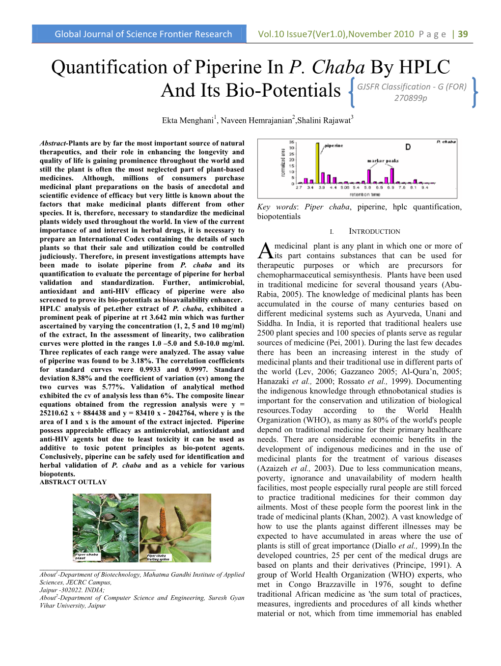 P. Chaba by HPLC GJSFR Classification - G (FOR) and Its Bio-Potentials 270899P