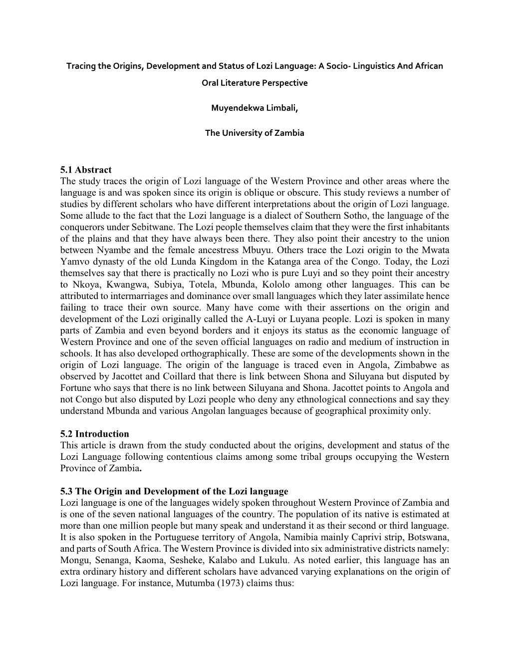 Tracing the Origins, Development and Status of Lozi Language: a Socio- Linguistics and African Oral Literature Perspective