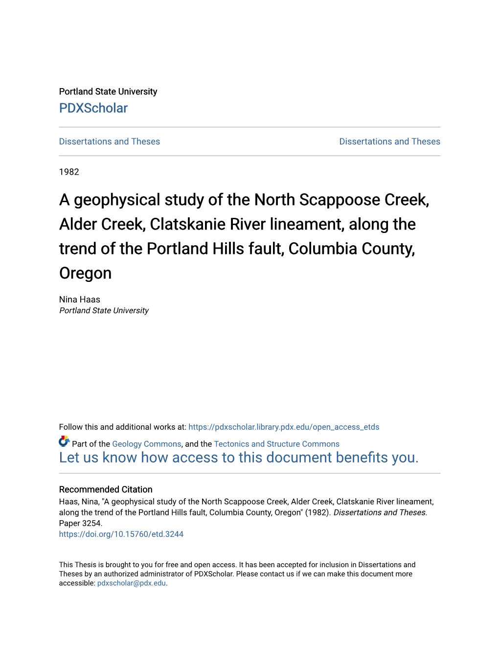 A Geophysical Study of the North Scappoose Creek, Alder Creek, Clatskanie River Lineament, Along the Trend of the Portland Hills Fault, Columbia County, Oregon