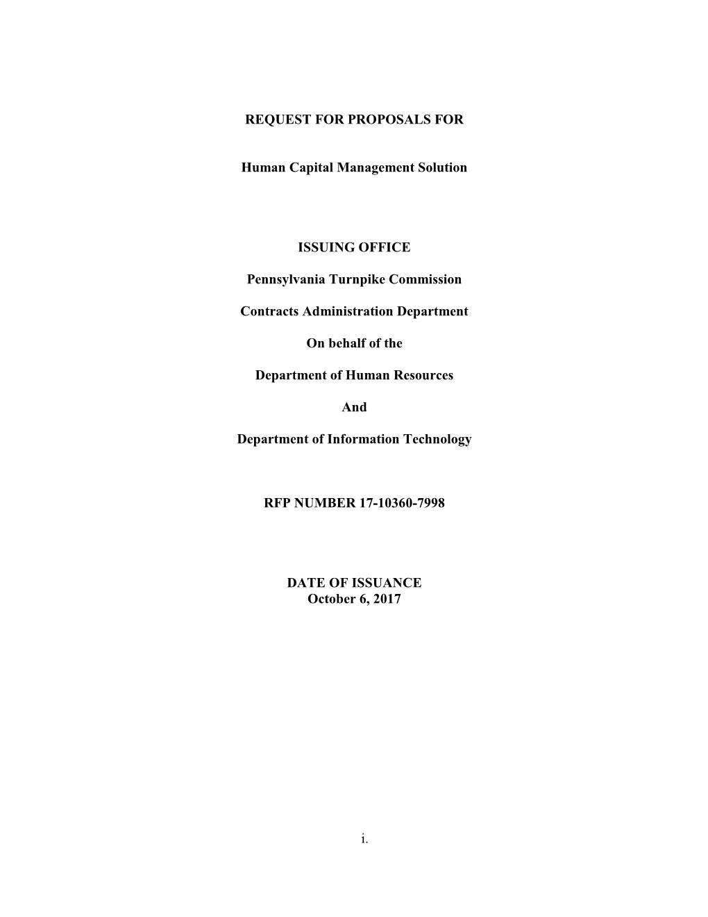 REQUEST for PROPOSALS for Human Capital Management Solution ISSUING OFFICE Pennsylvania Turnpike Commission Contracts Administ