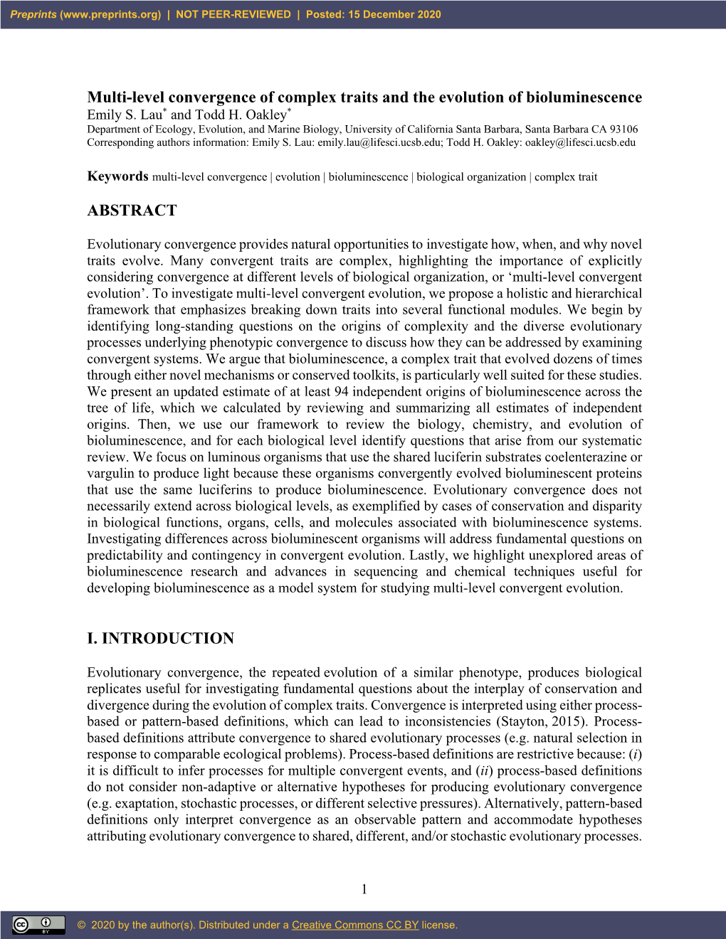 Multi-Level Convergence of Complex Traits and the Evolution of Bioluminescence Emily S