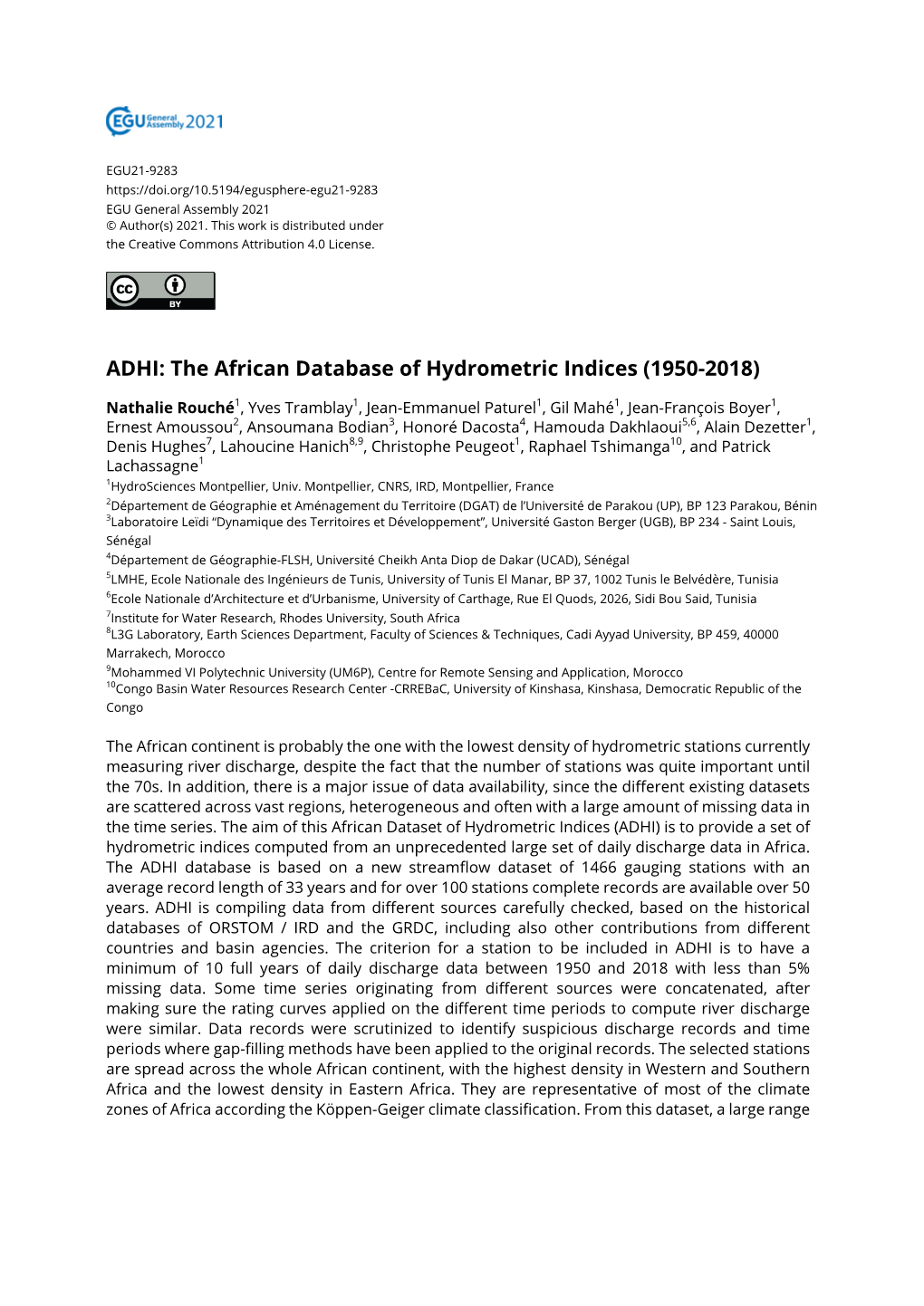 The African Database of Hydrometric Indices (1950-2018)