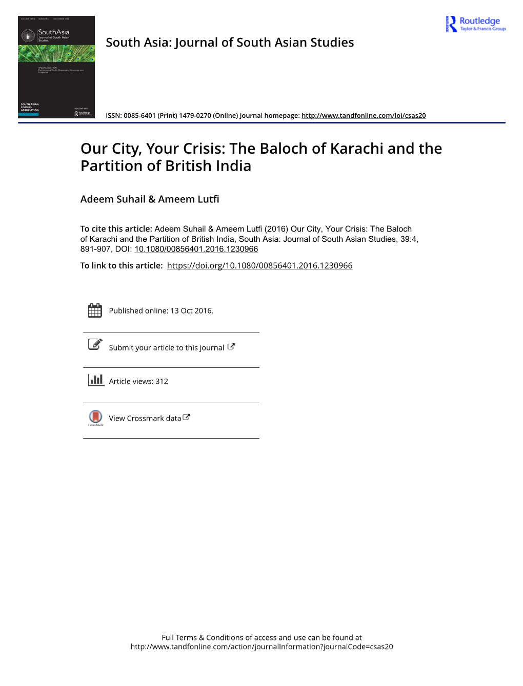 The Baloch of Karachi and the Partition of British India