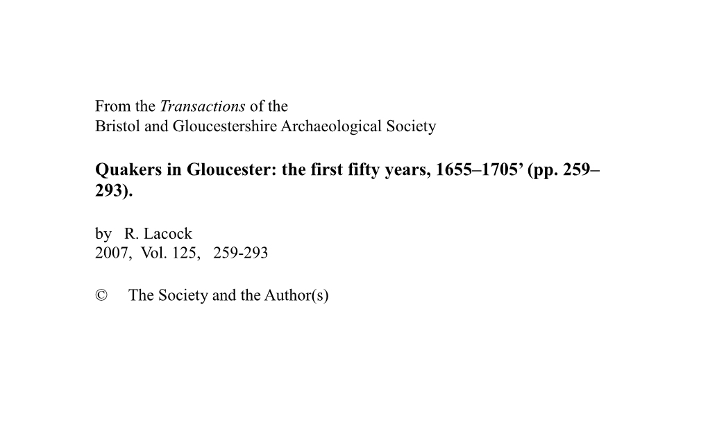 Quakers in Gloucester: the First Fifty Years, 1655–1705' (Pp. 259– 293)