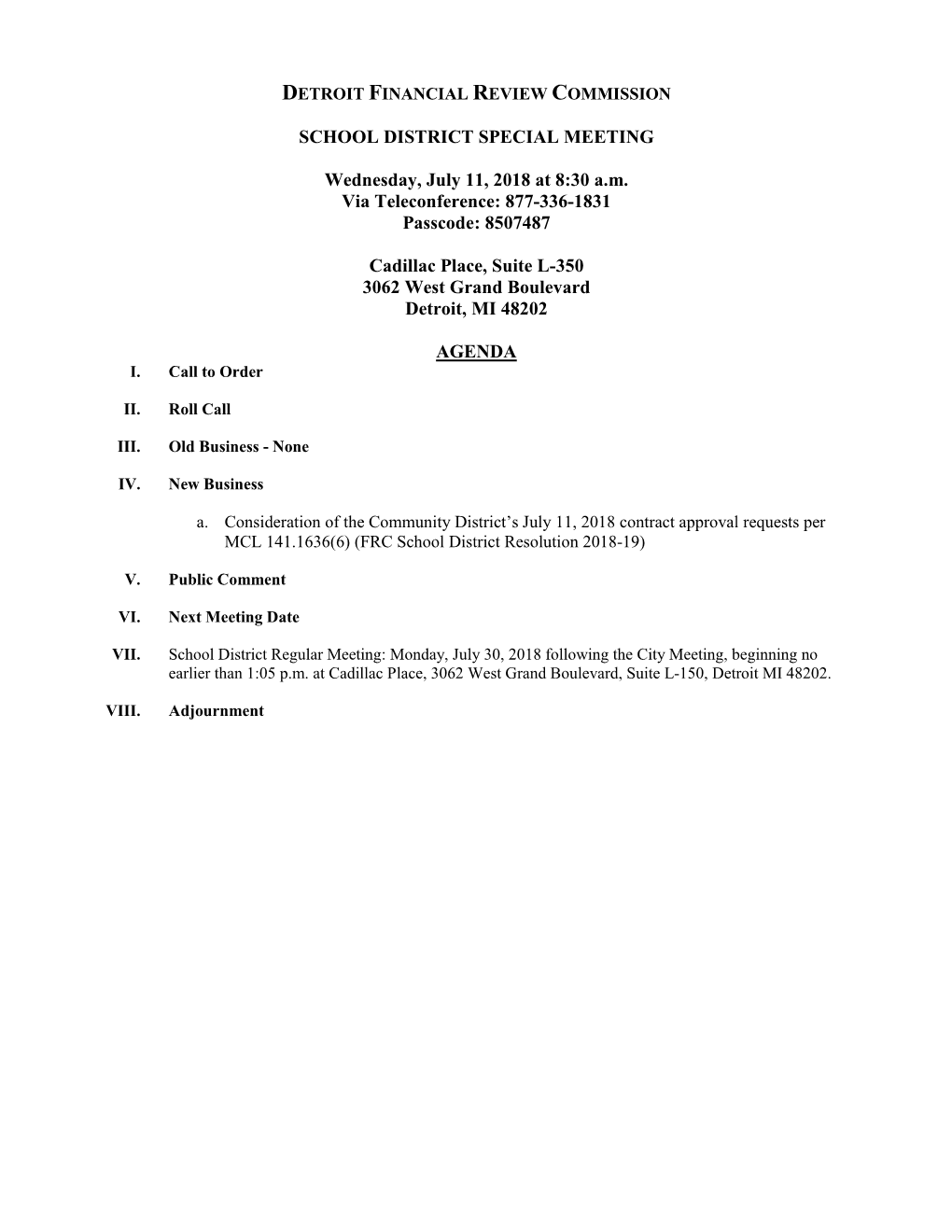 7-11-18 Detroit FRC School District Special Meeting Packet