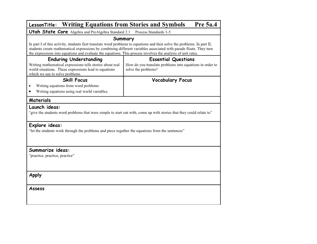 Part I: Write Equations for the Stories Below