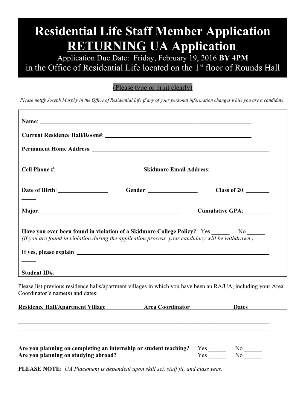 Residential Life Staff Member Application