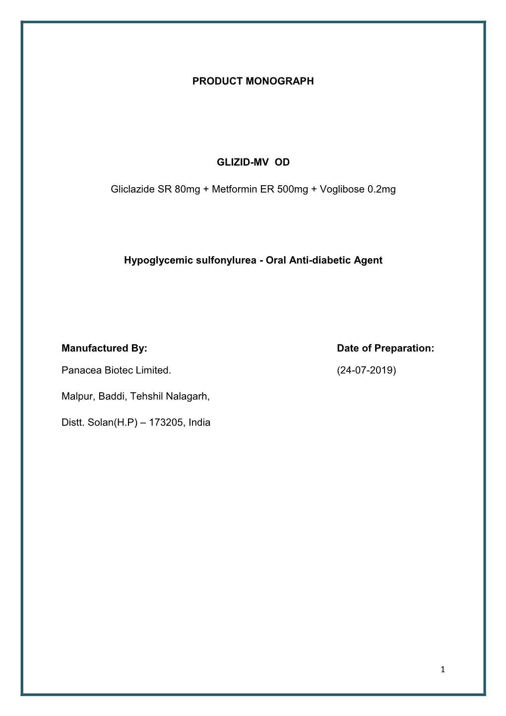 PRODUCT MONOGRAPH GLIZID-MV OD Gliclazide SR 80Mg +