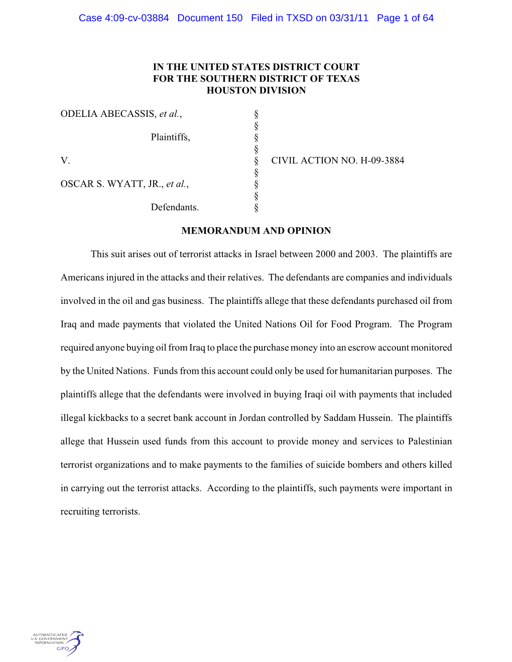 Case 4:09-Cv-03884 Document 150 Filed in TXSD on 03/31/11 Page 1 of 64
