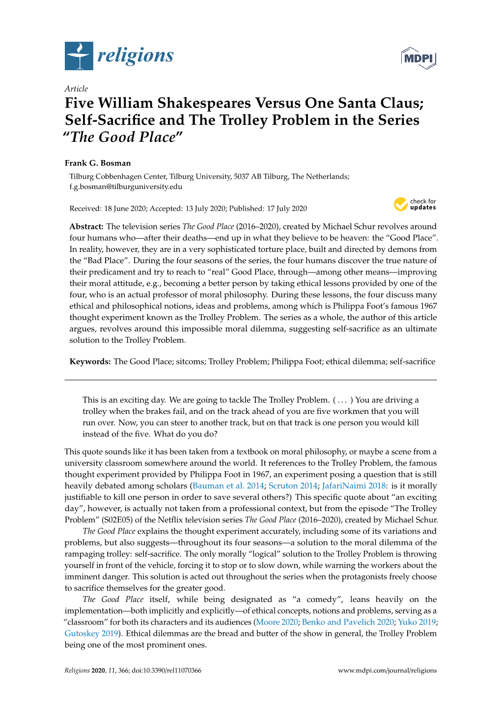 Self-Sacrifice and the Trolley Problem in the Series “The Good Place”