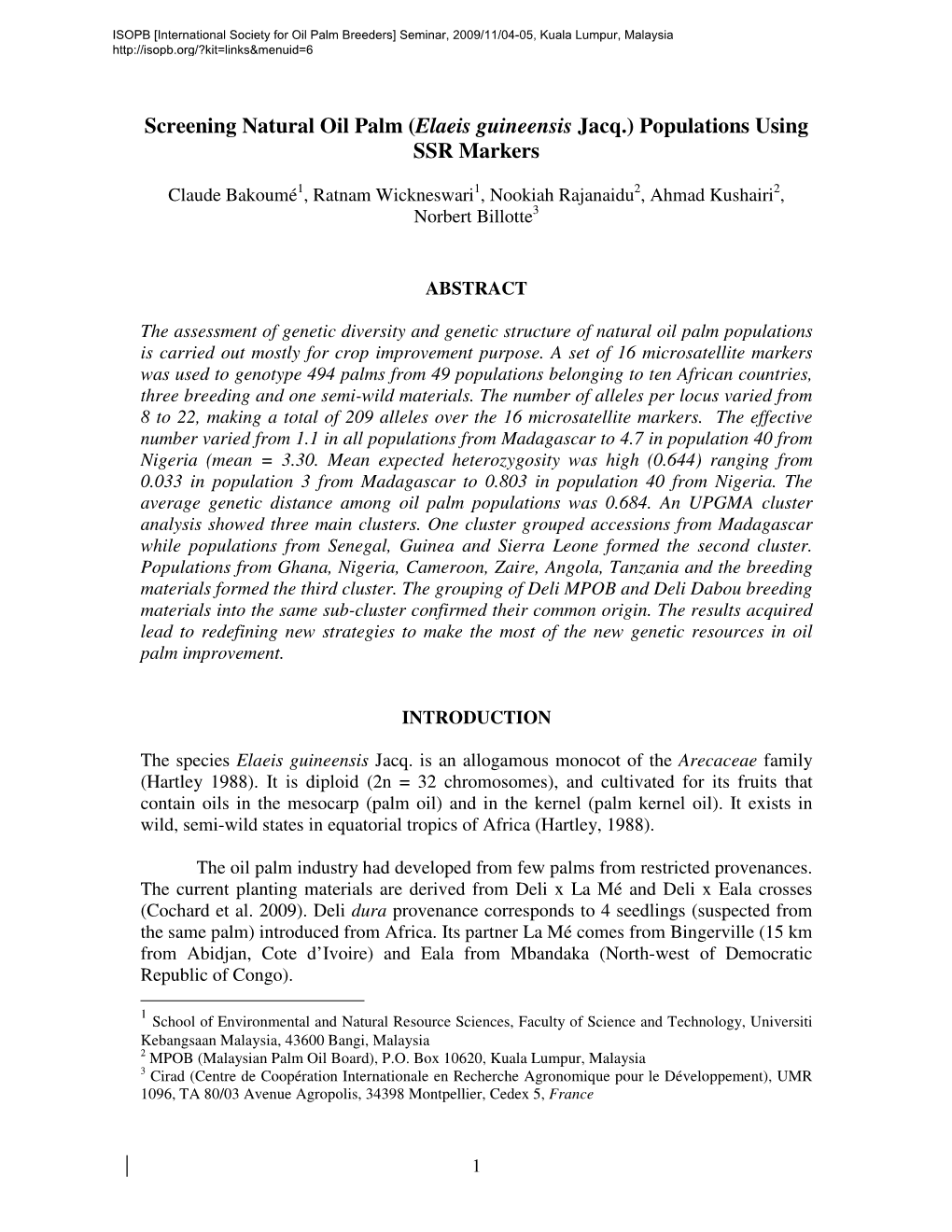 Screening Natural Oil Palm (Elaeis Guineensis Jacq.) Populations Using SSR Markers