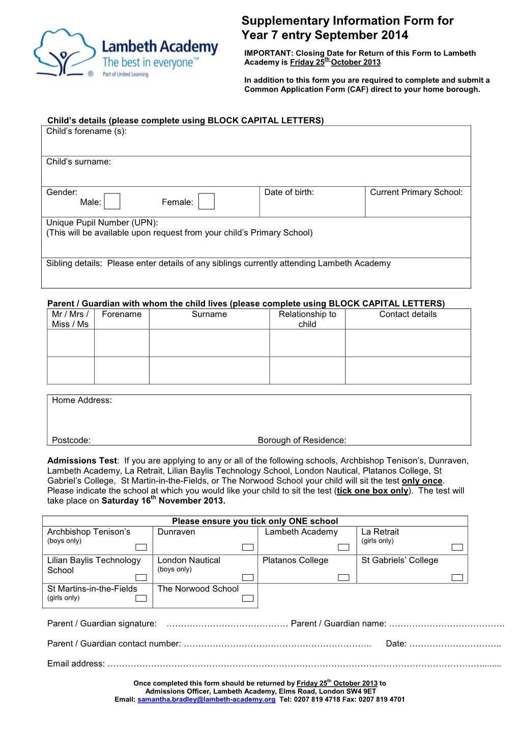 Supplementary Information Form for Year 7 Entry September 2014