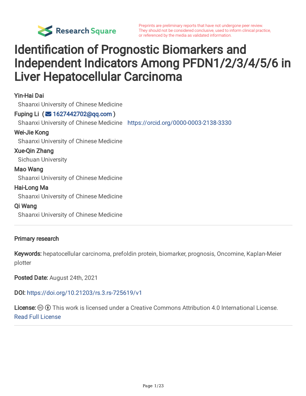 Identi Cation of Prognostic Biomarkers and Independent Indicators Among