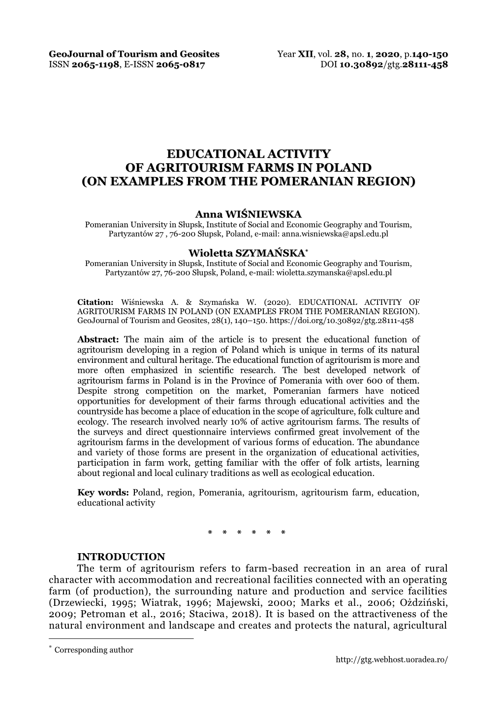 Educational Activity of Agritourism Farms in Poland (On Examples from the Pomeranian Region)