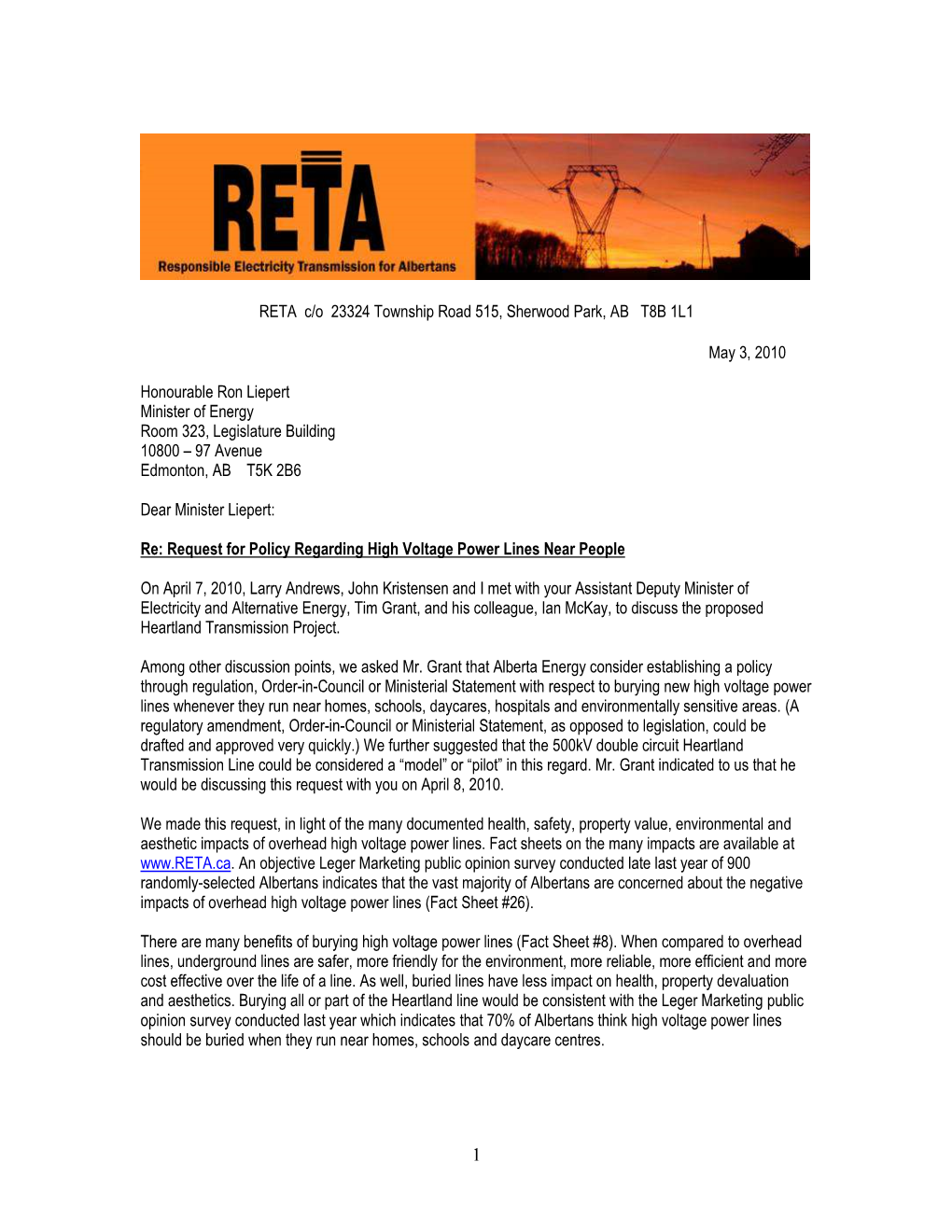 RETA Letter Ron Liepert May 2010