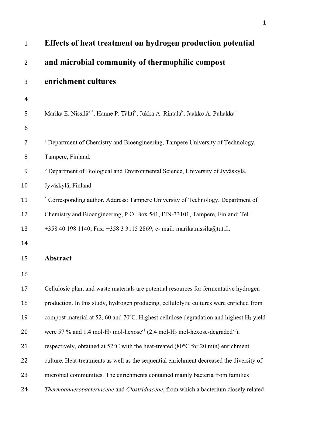 Effects of Heat Treatment on Hydrogen Production Potential and Microbial Community of Thermophilic Compost Enrichment Cultures