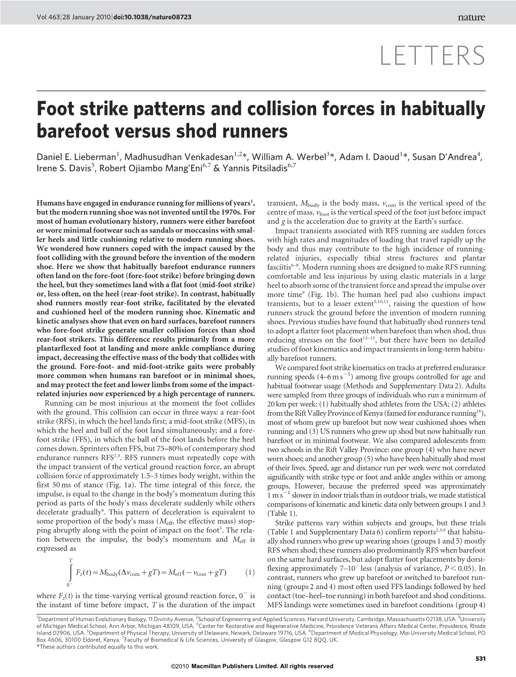 Foot Strike Patterns and Collision Forces in Habitually Barefoot Versus Shod Runners