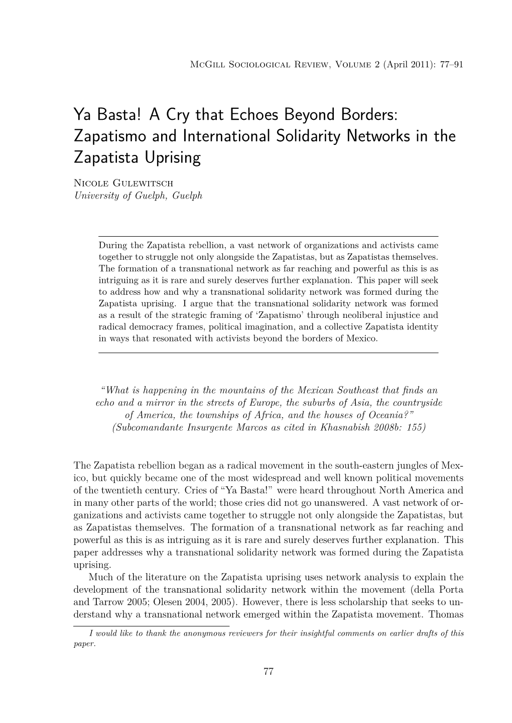 Zapatismo and International Solidarity Networks in the Zapatista Uprising