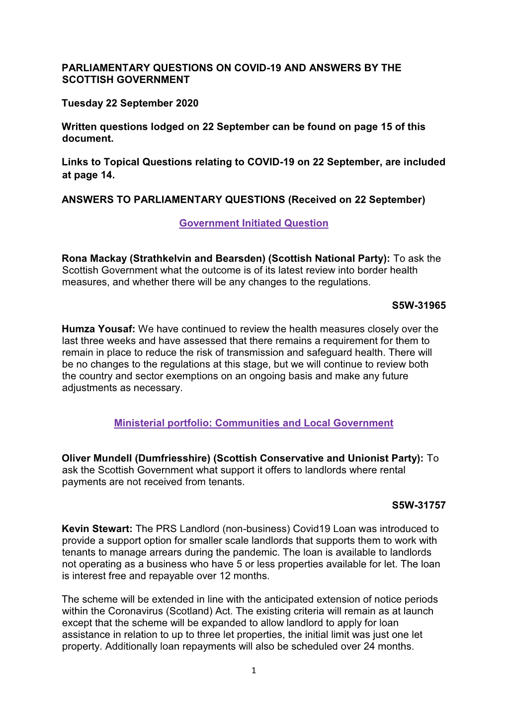 PARLIAMENTARY QUESTIONS on COVID-19 and ANSWERS by the SCOTTISH GOVERNMENT Tuesday 22 September 2020 Written Questions Lodged On