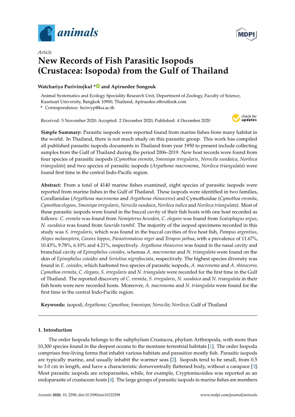 New Records of Fish Parasitic Isopods (Crustacea: Isopoda) from the Gulf of Thailand