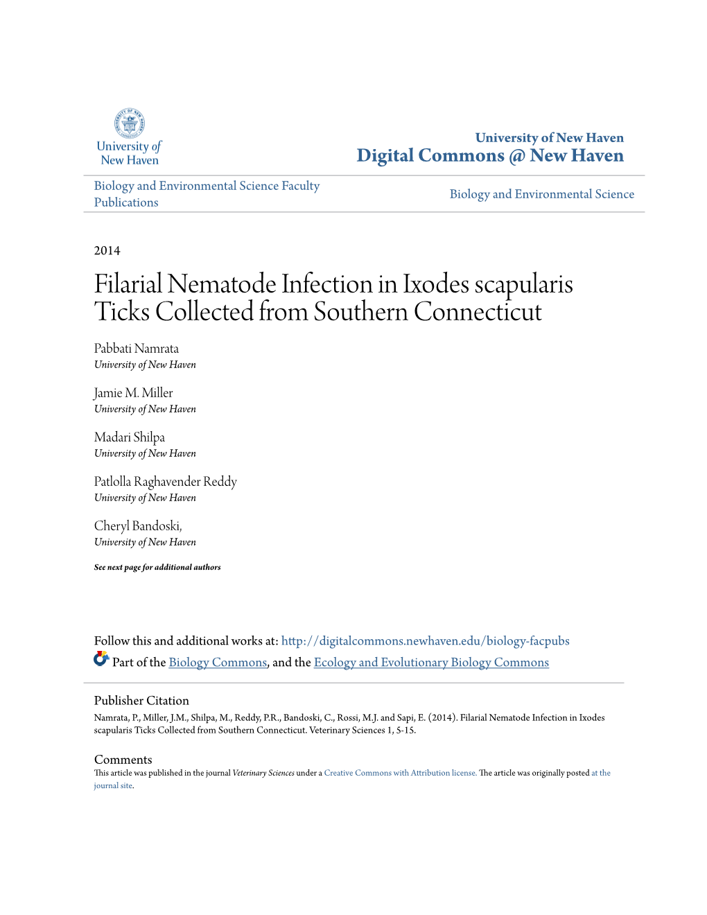 Filarial Nematode Infection in Ixodes Scapularis Ticks Collected from Southern Connecticut Pabbati Namrata University of New Haven