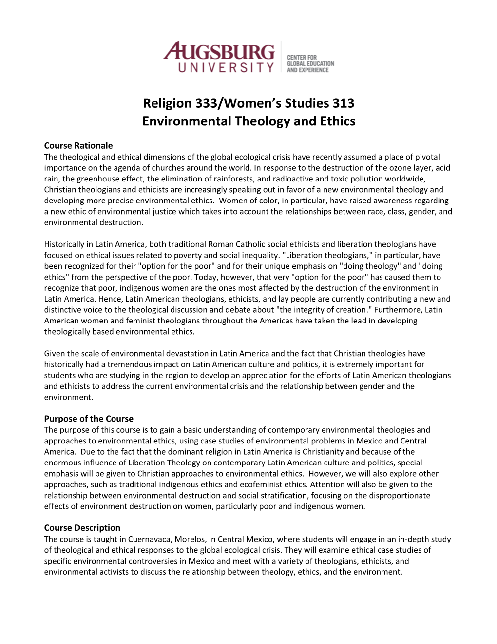 Religion 333/Women's Studies 313 Environmental Theology and Ethics