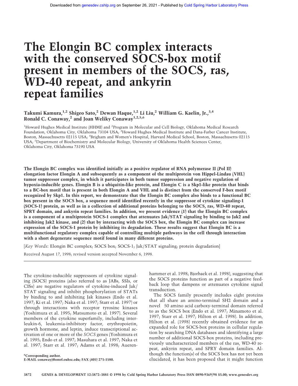 The Elongin BC Complex Interacts with the Conserved SOCS-Box Motif Present in Members of the SOCS, Ras, WD-40 Repeat, and Ankyrin Repeat Families