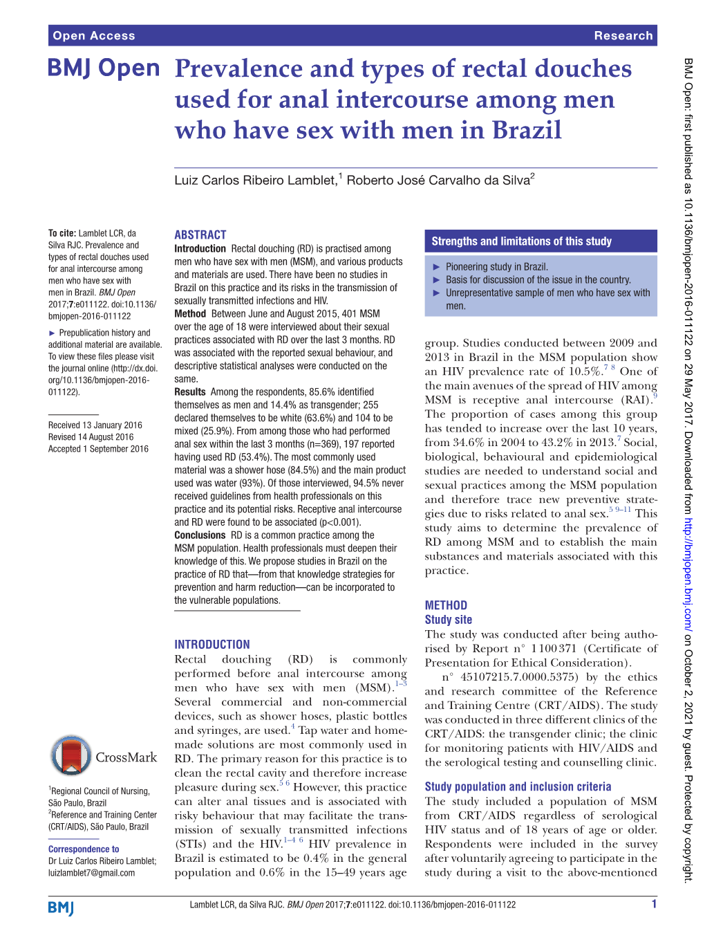 Prevalence and Types of Rectal Douches Used for Anal Intercourse Among Men Who Have Sex with Men in Brazil