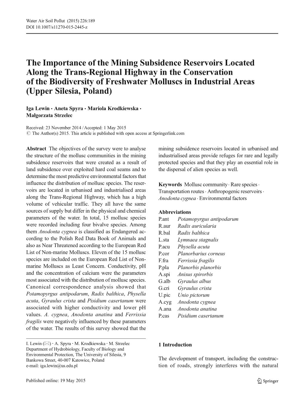 The Importance of the Mining Subsidence Reservoirs Located Along the Trans-Regional Highway in the Conservation of the Biodivers